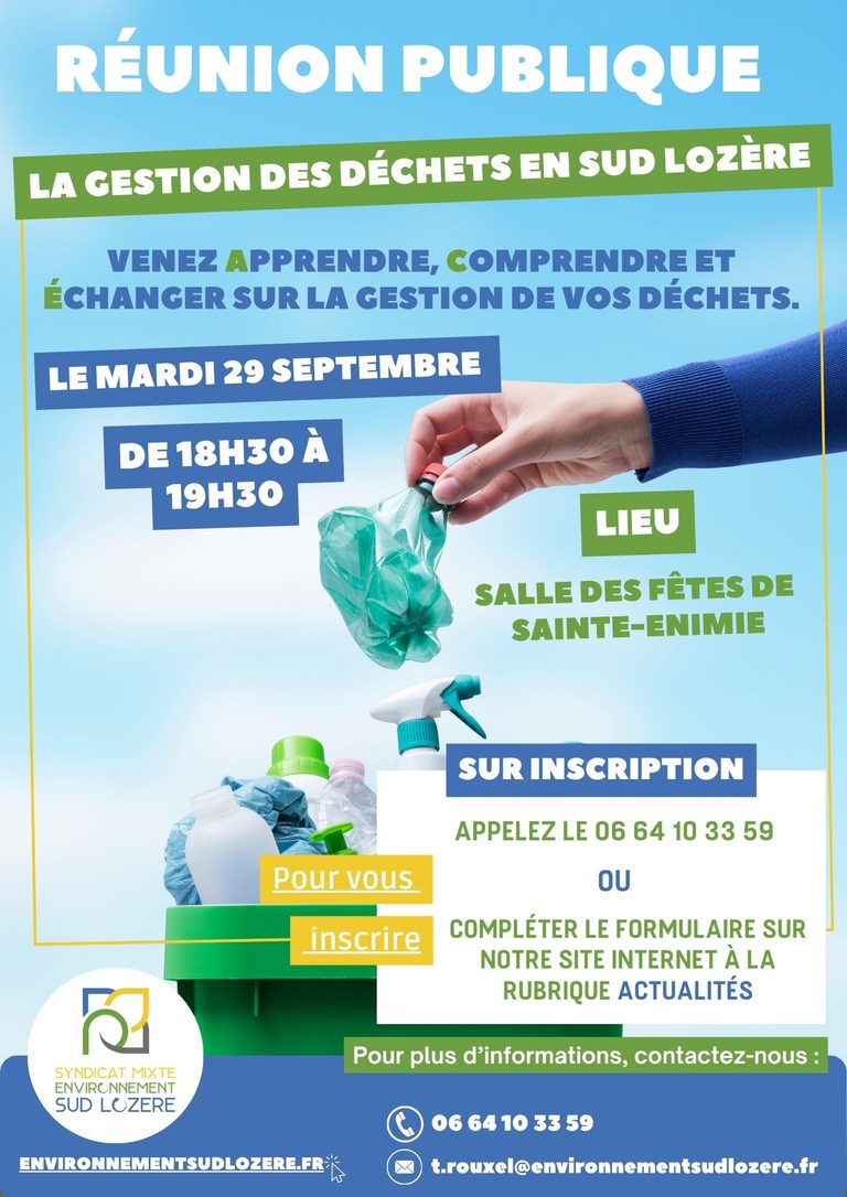 REUNION PUBLIQUE A SAINTE-ENIMIE – LA GESTION DES DECHETS EN SUD LOZERE (SUR INSCRIPTION)